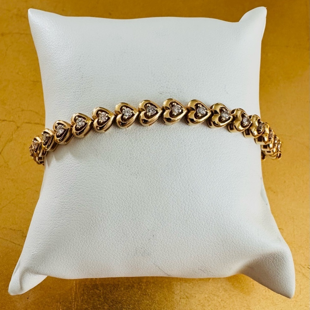 Vintage 14K Yellow Gold and Diamond Heart Link Tennis Bracelet Romantic 7"